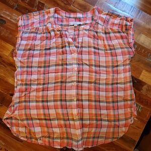 LOFT Pink and Coral Plaid Button-Front Blouse